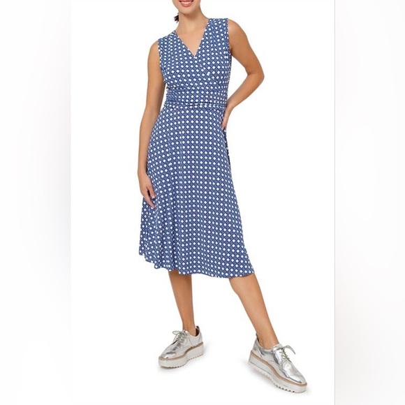 Leota Cindy Faux Wrap Soft Knit Midi Dress Size M Blue White Chain Print V-Neck - Picture 1 of 13